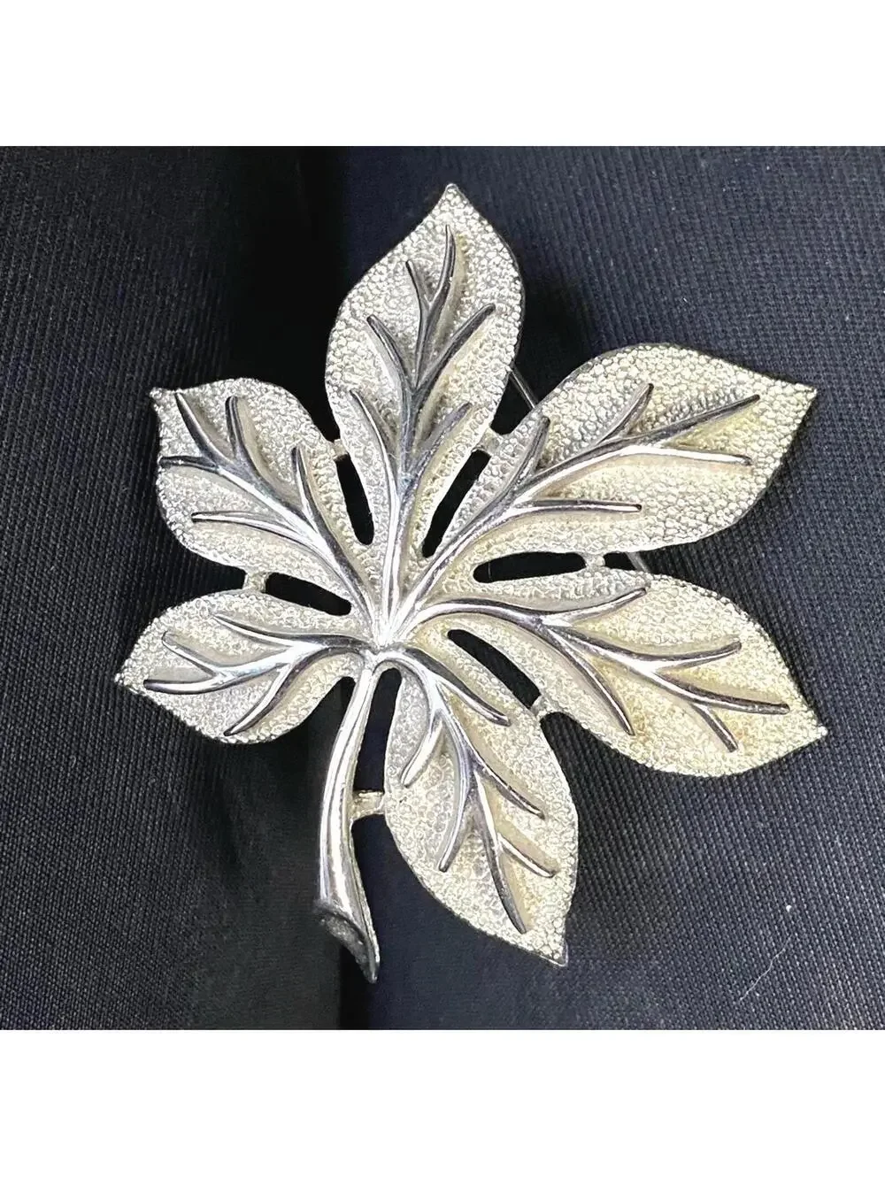 Crown Trifari Leaf Brooch Silver Tone Vintage Signed